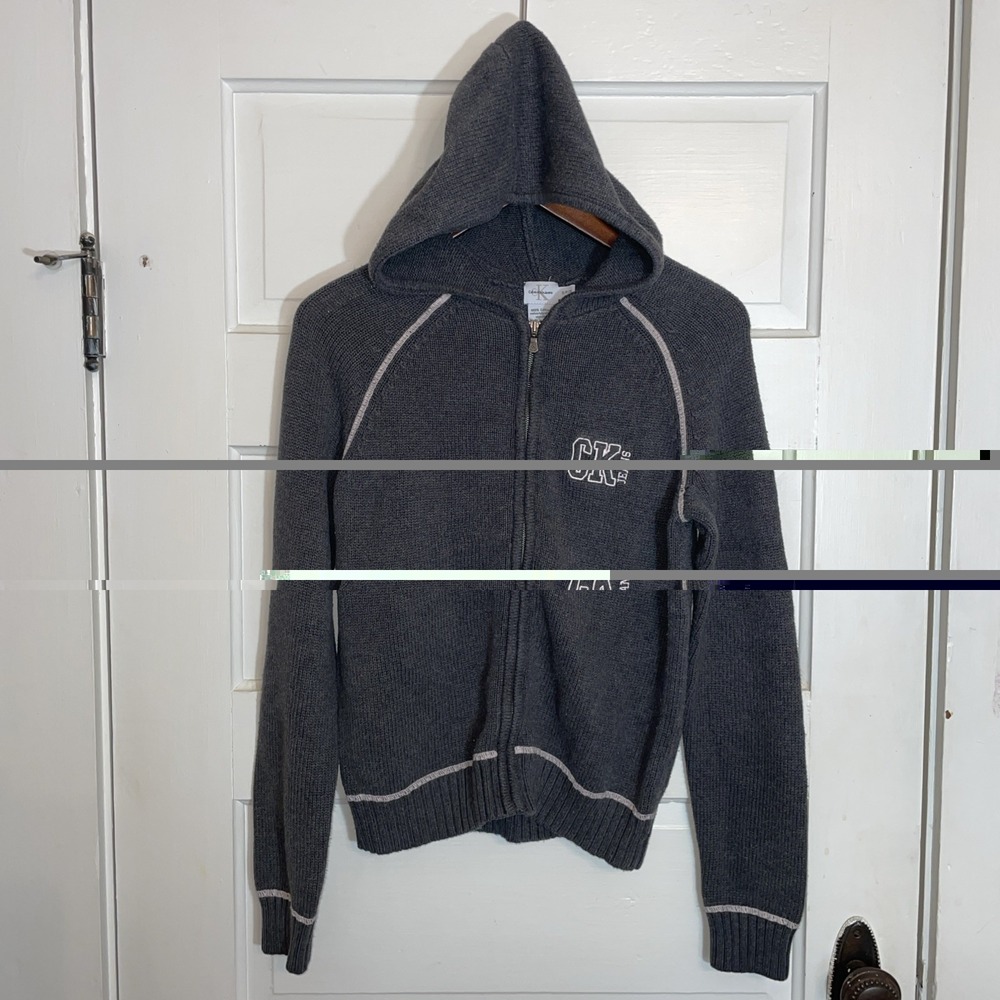 Calvin Klein Jeans Zipper Hood Sweater Grey with Tan Details Size Small